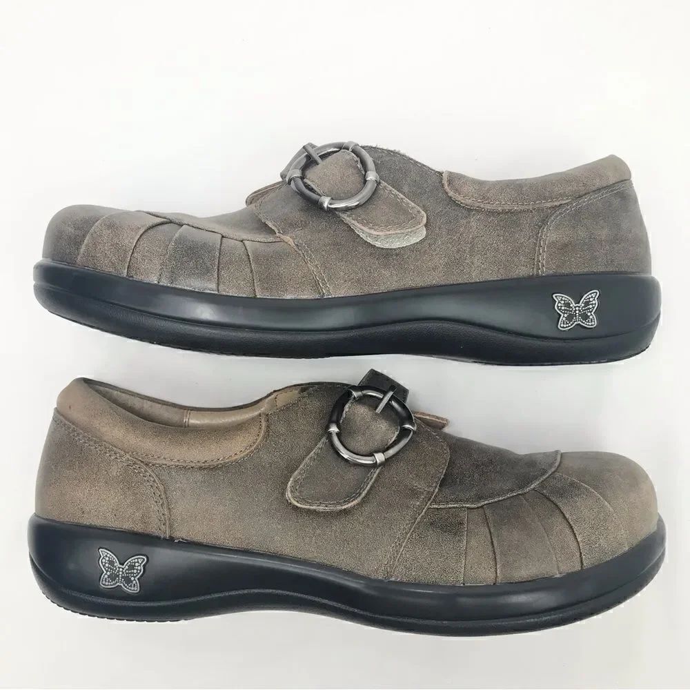 Alegria KHLOE Light Brown Leather Slip On Loafer Comfort Support Clog Shoes
